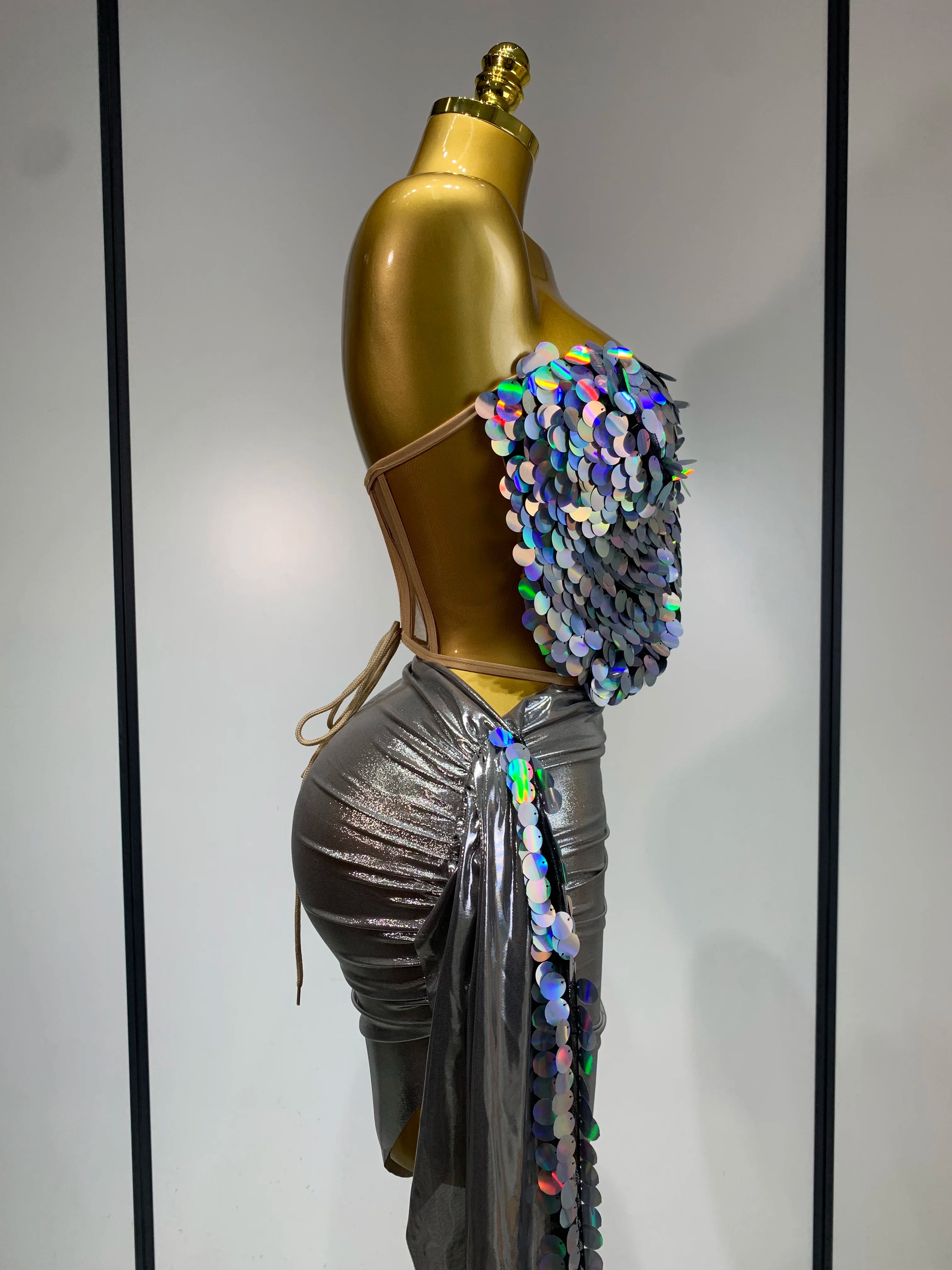 Women Sexy Strapless Sequin Glitter Two Pieces Set Celebirty Elegant Luxury Birthday Evening Party Nightclub Singer Stage Outfit