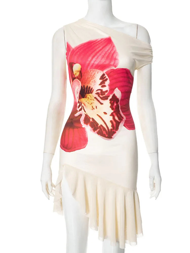 Mozision Skew Collar Ruffled Print Sexy Mini Dress For Women Off-shoulder Sleeveless Backless High Waist Printed Dress Vestido