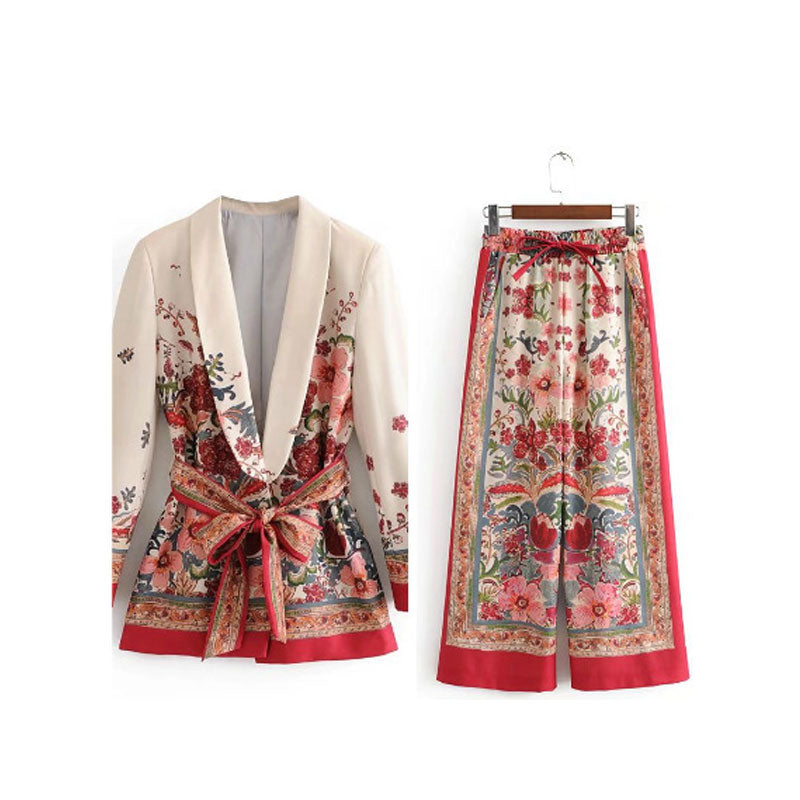 Printed Notched Blazer Women Suits With Belt Elastic High Waist Wide Leg Female Pants Two Piece Set Long Sleeve Top Outfits A Blazer Suit