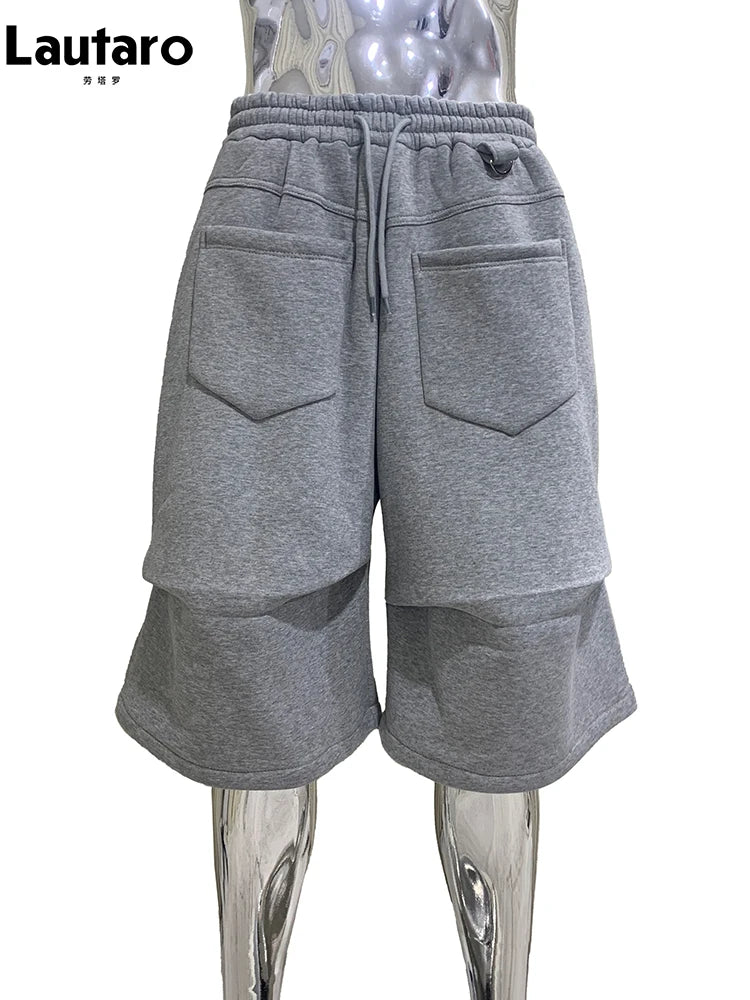 Nerazzurri Summer Autumn Loose Casual Soft Grey Shorts for Men Drawstring Elastic Waist Pockets Knee Length Sweatpants Clothes