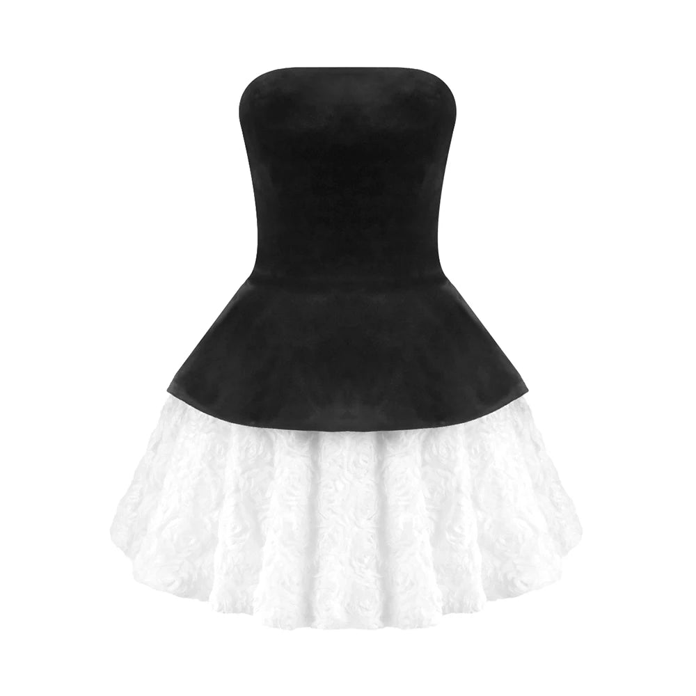 Vintage Glam Party Three-Pieces Strapless Mini Dress Outfit Black Velvet Bustier & White Floral Skirt AS PIC