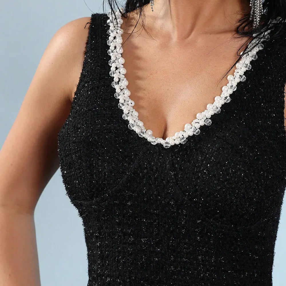 2025 Elegant Women's Nail Bead Design Fishtail Dress V-neck Sleeveless Bodycon Flute Dresses Cocktail Evening Party Vestidos