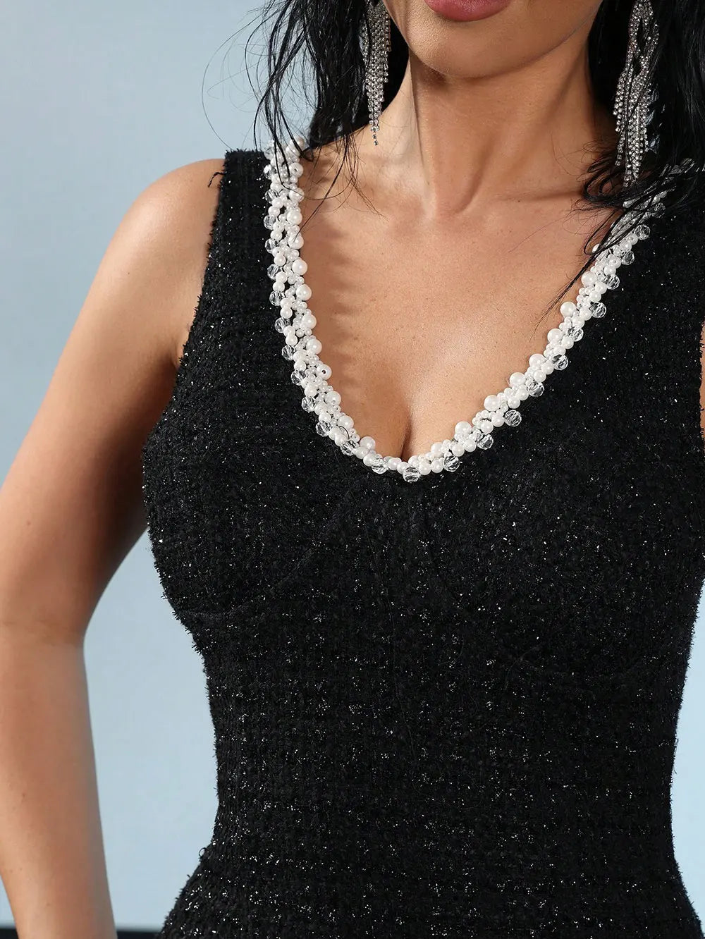 2025 Elegant Women's Nail Bead Design Fishtail Dress V-neck Sleeveless Bodycon Flute Dresses Cocktail Evening Party Vestidos