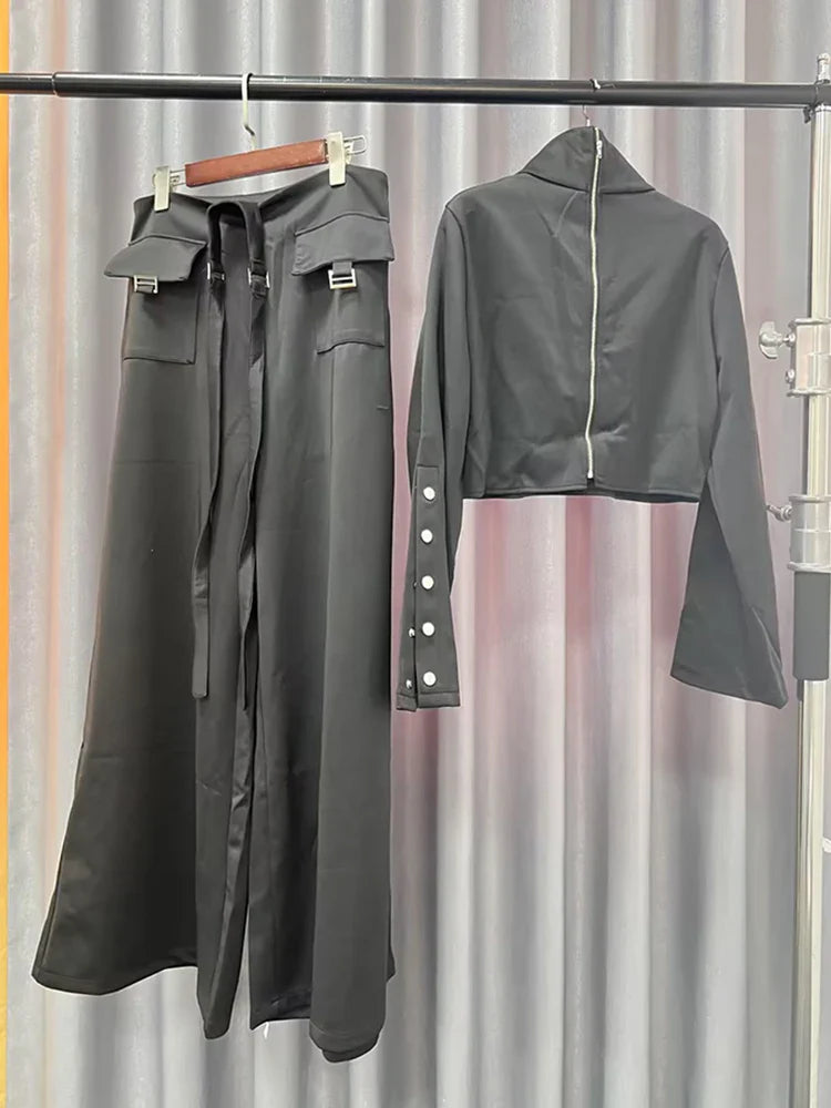 Streetwear Two Piece Set For Women Stand Collar Long Sleeve Top High Waist Pant Wide Leg Pant Chic Sets Female New