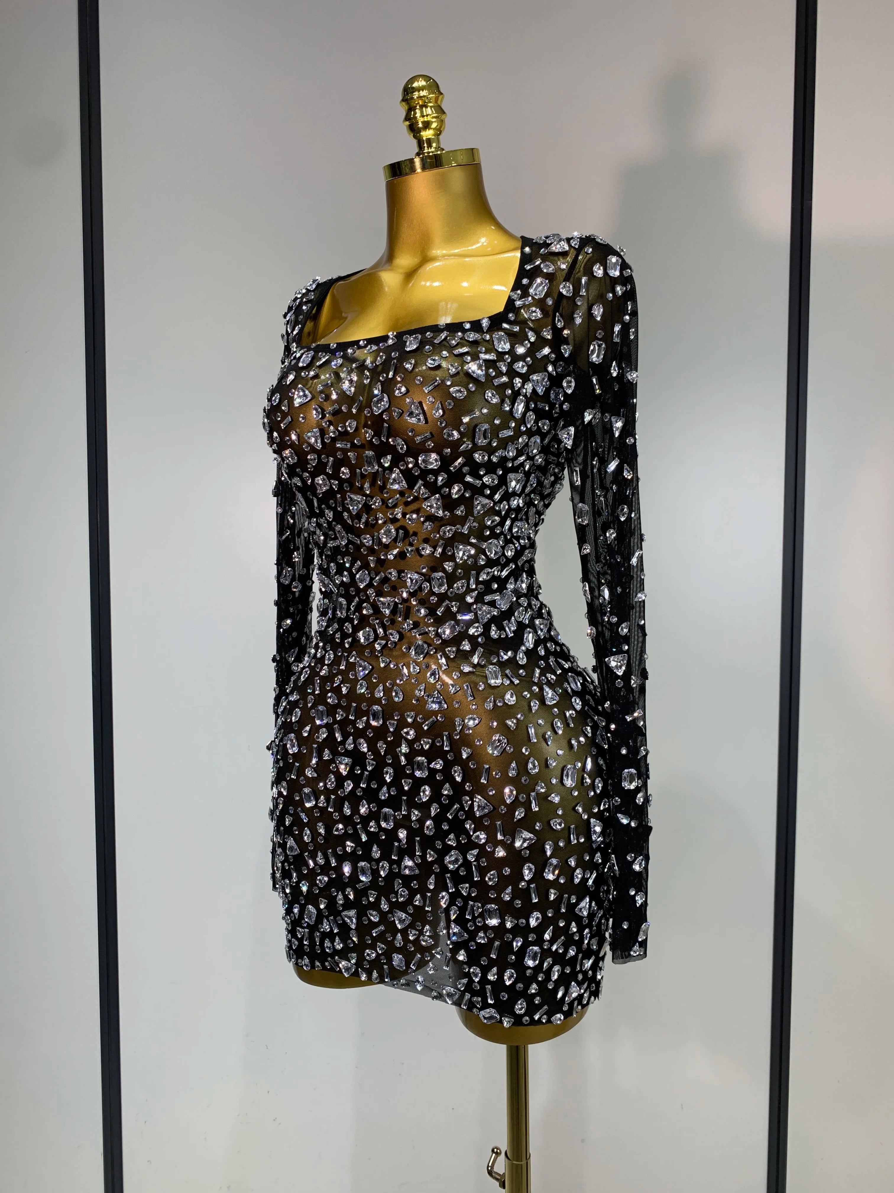 Sparkly Rhinestone Sexy Transparent Mini Dress Celebrity Evening Party Prom Birthday Photo Shoot Nightclub Stage Costume