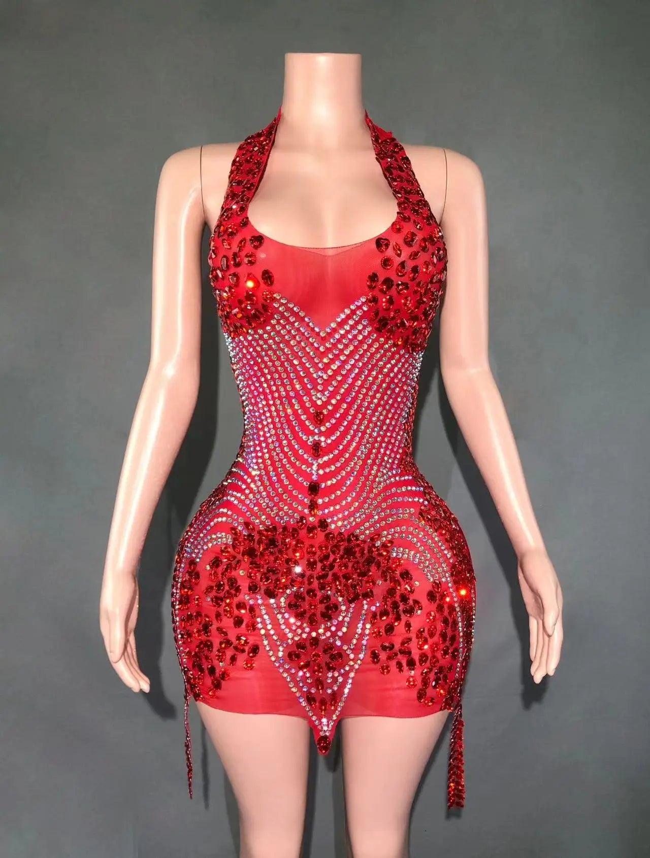 Sparkly Rhinestones Evening Prom Celebrate Birthday Dress Sexy Halter Backless Mesh Velvet Short Dress Performance Stage Wear Red