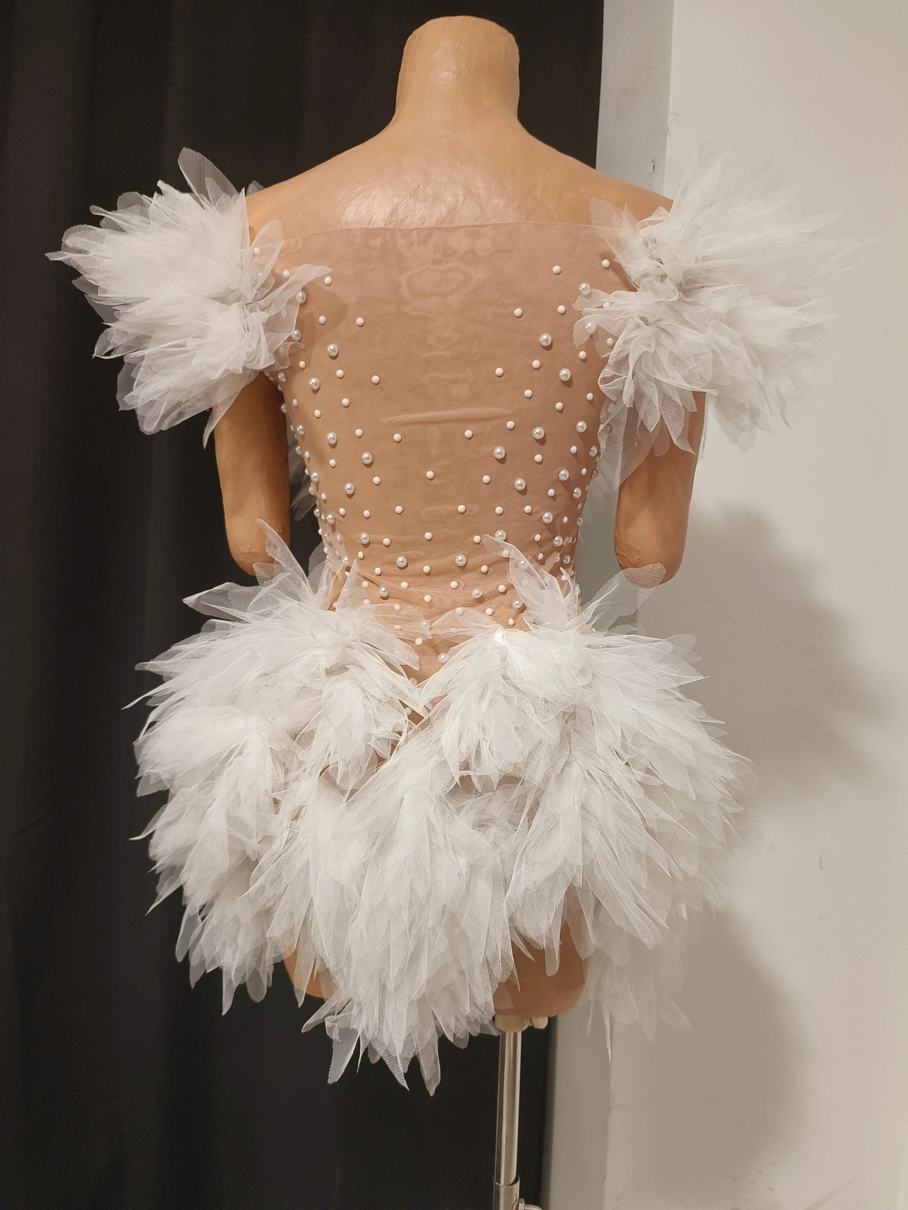 Refined Chic Tulle Mesh Mini Dress Women Pearl Crystal Embellished Sheer Illusion Neck Bridal Shower Birthday Party Dress