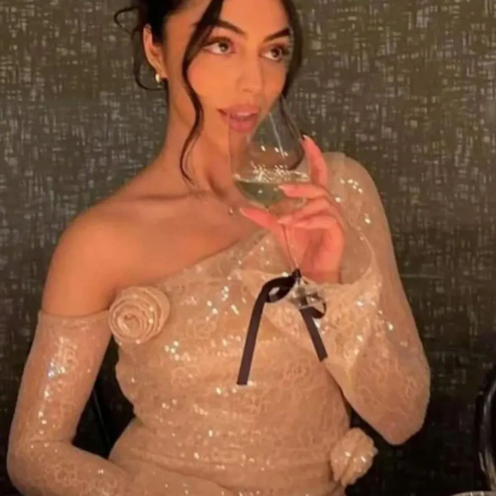 2025 Sexy Women's 3D Flower Shining Glitter Maxi Dress with Diagonal Collar Long Sleeve Bodycon Long Dress Evening Club Vestidos