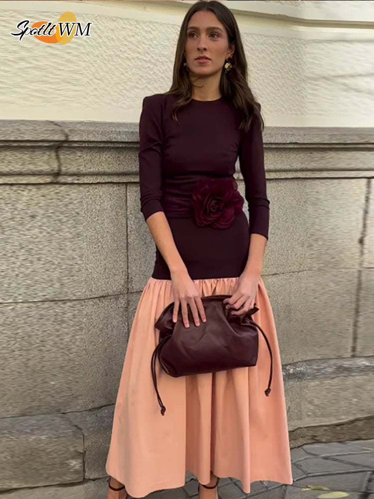 Elegant Round Collar Long Sleeve Slim Robe Women Contrast Spliced Pleated Hem Long Dress New Lady Fashion Evening Party Dresses