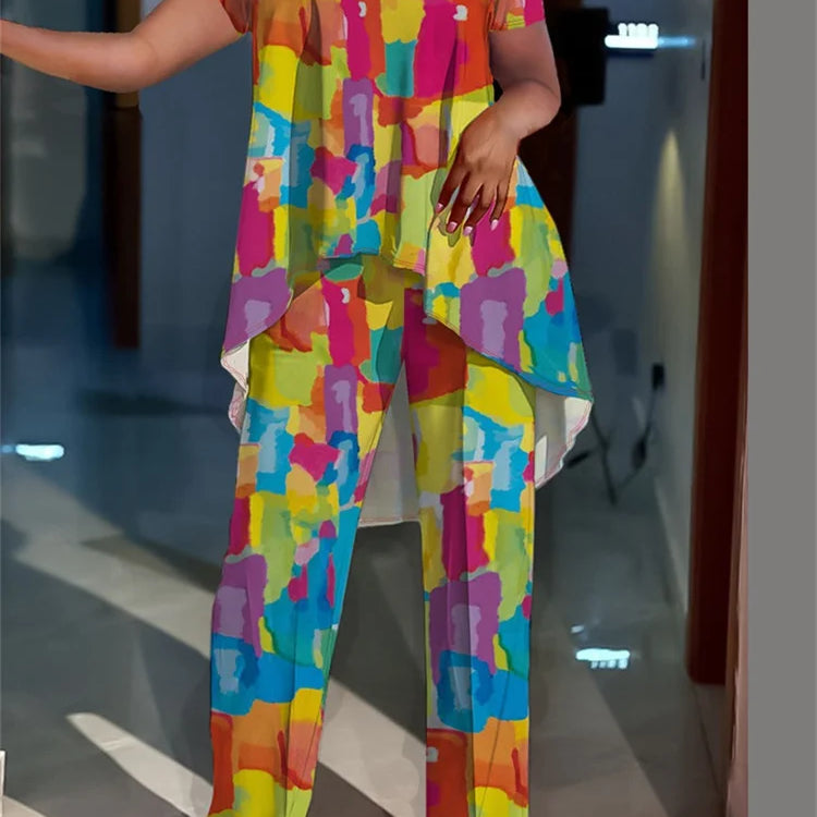 Wmstar Women Plus Size Two Piece Set 5XL Summer Casual Print T Shirt Wide Leg Pants Female Outfits Wholesale Dropshipping 2024 print