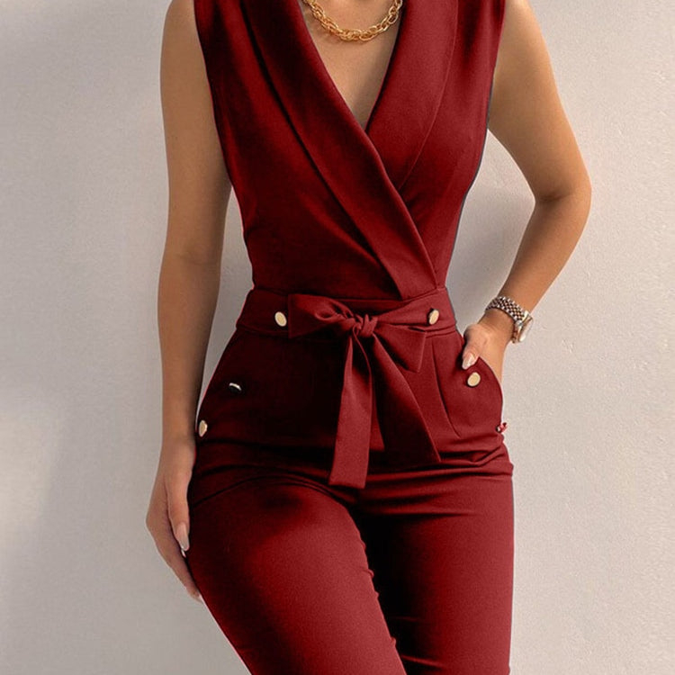 Women Casual V Neck Jumpsuits Button Lace Up Sleeveless Wide Leg Pants Streetwear Overalls