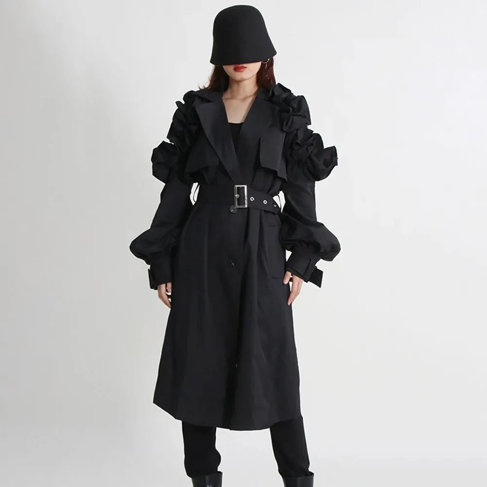 Casual Spliced Ruffles Trenches For Women Lapel Long Sleeve Patchwork Belt Vintage High Street Trench Female Style Black