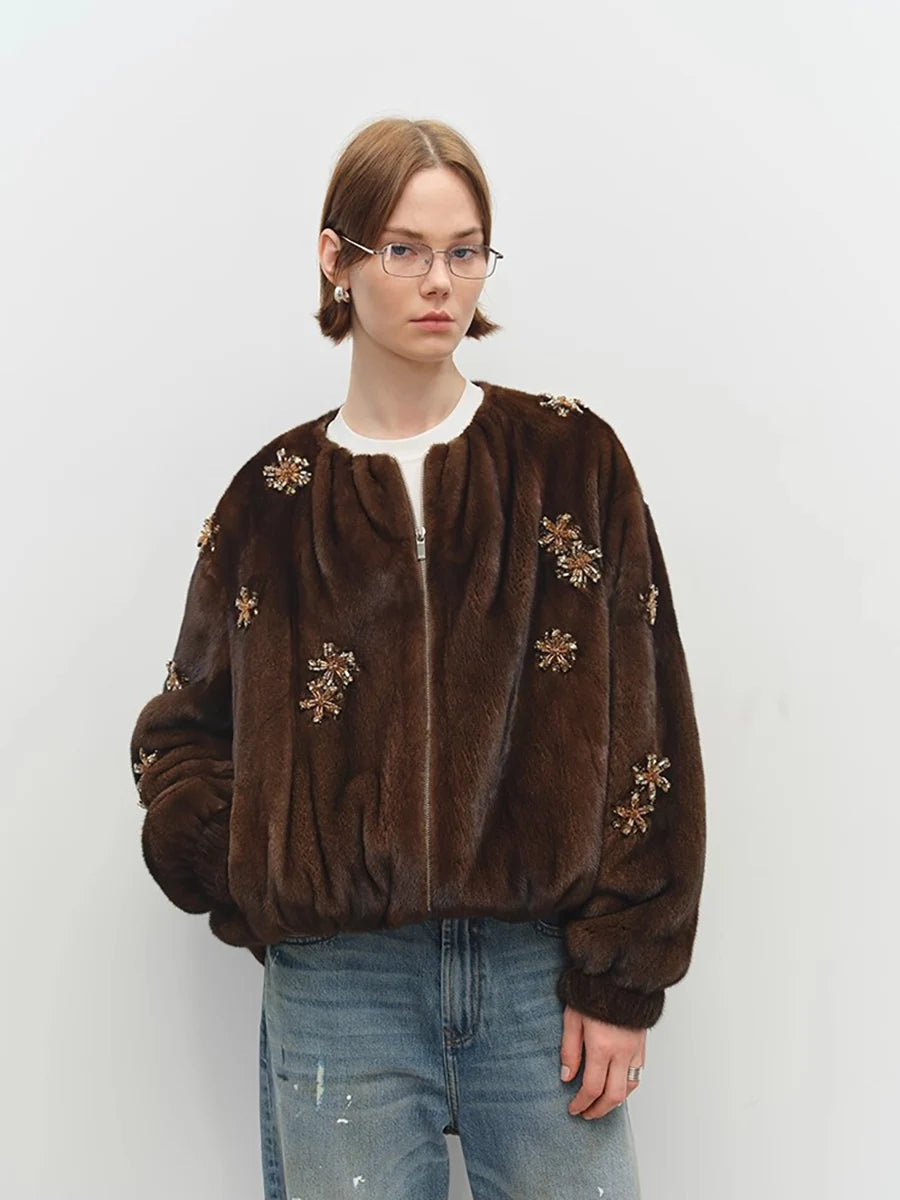 Lautaro Winter Luxury Elegant Thick Warm Soft Brown Short Faux Mink Fur Coat Women Beading Loose Stylish Chic Fluffy Jacket Brown