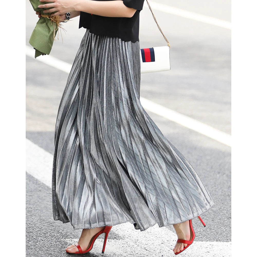 Women Shiny Luster Long Pleated Skirt Beach Party High Waist A-line Umbrella Long Skirt for Autumn