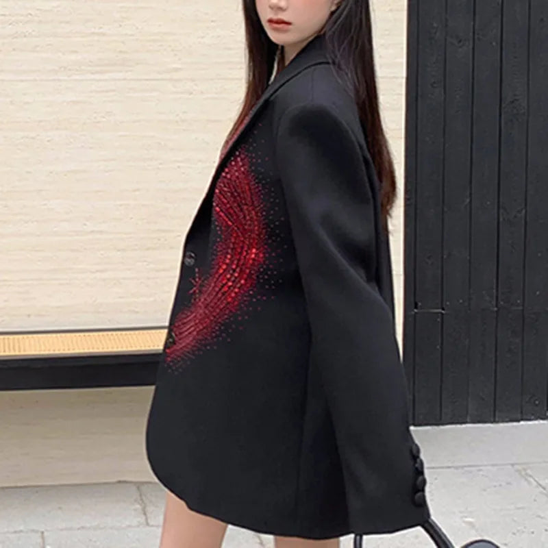 Solid Loose Spliced Hot Fix Elegant Jackets for Women Lapel Long Sleeves Patchwork Button Jacket Female Fashion New