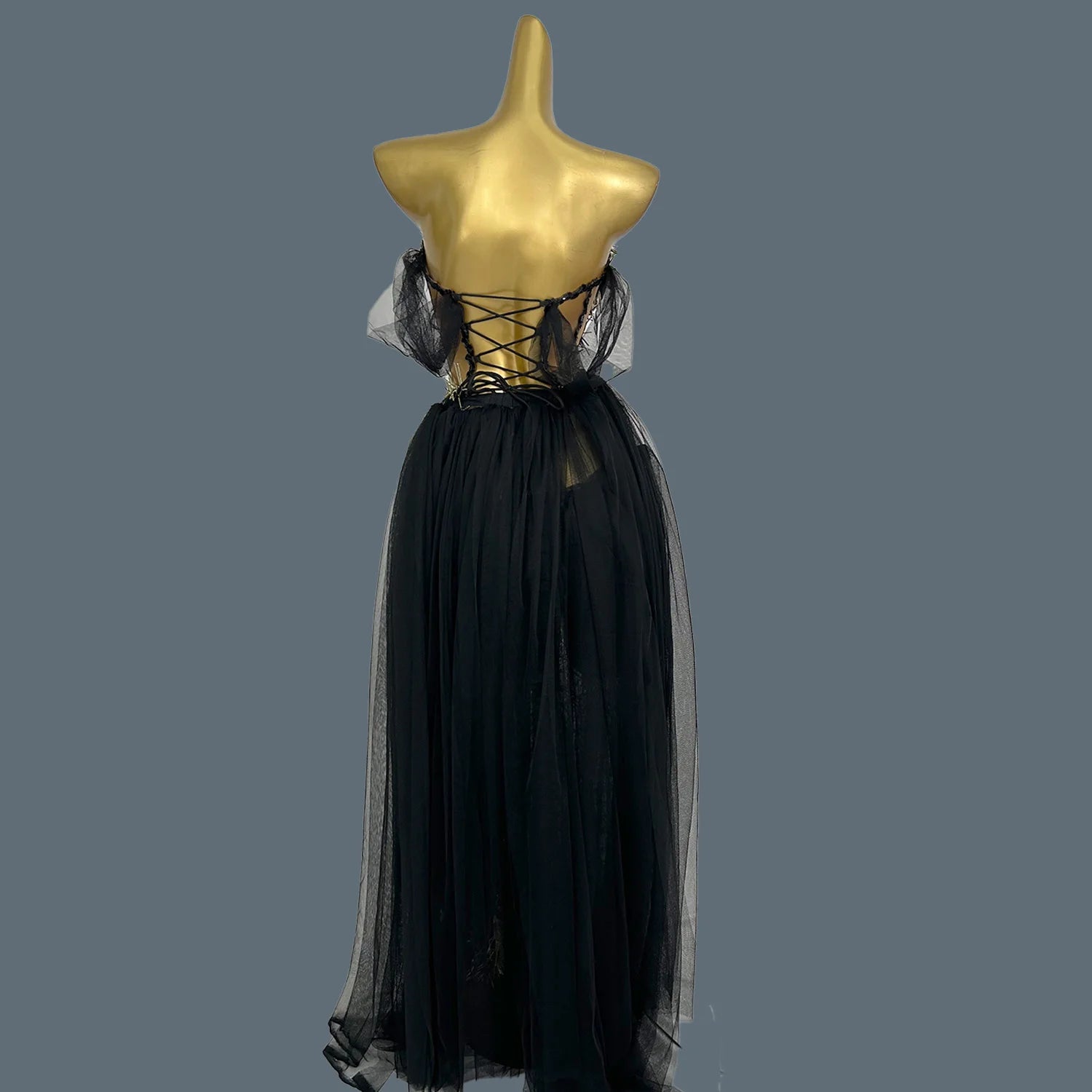 Sexy High-end See Through Mesh Evening Dress Suit Gold Sequins Black Dress Chiffon Long Dress Bar Special Design Outfit Ciwei