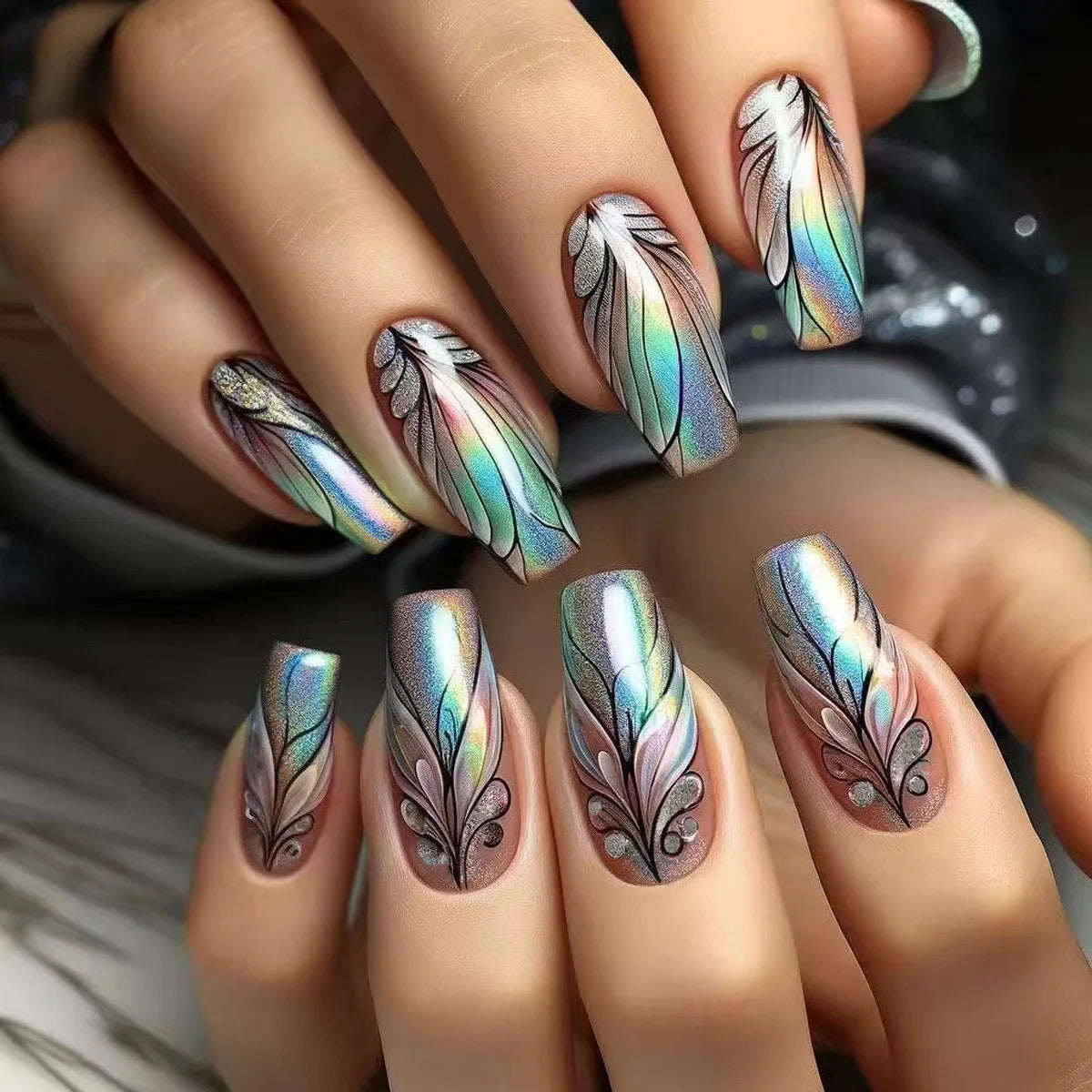 24Pcs Peacock Feather Design French Fake Nails Laser Gradient Ballet Mid-length Square Wearable False Nails Spice Girls Press On 3