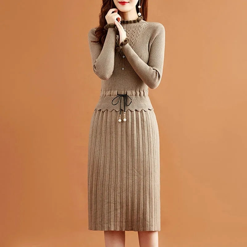 Two Pieces Pleated Knitted Dress Women Vintage Elegant Bottoming Sweater Dresses Slim Long Sleeve Fall Winter Midi Vestidos khaki