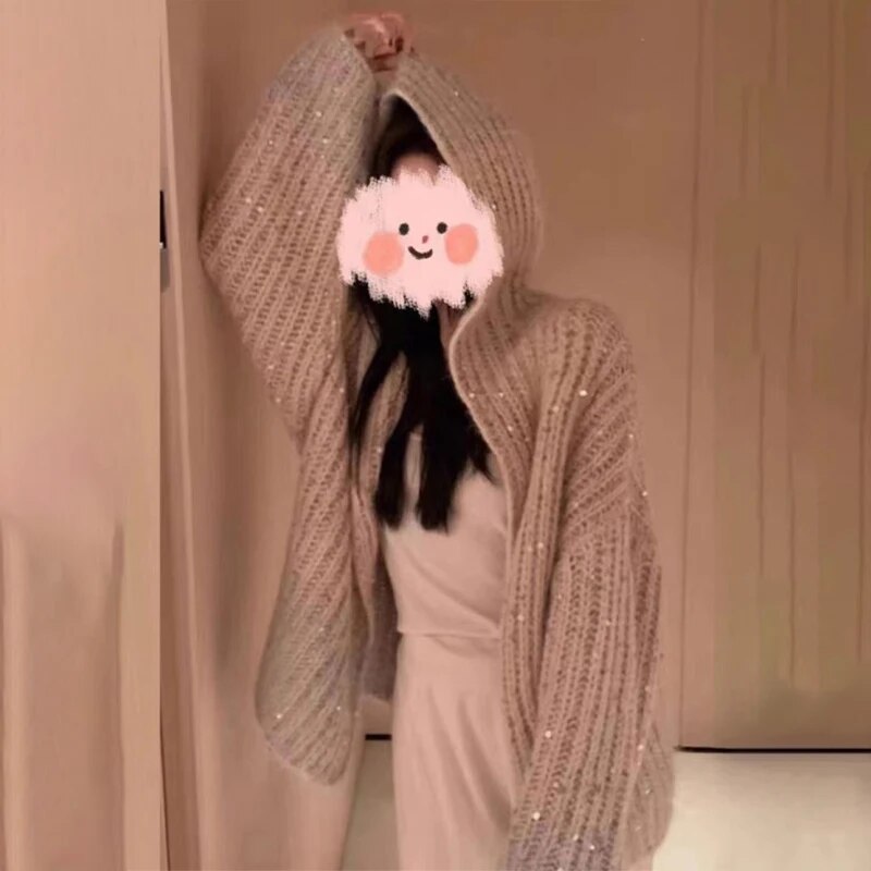 Sequin Knitted Women's Sweater Autumn Bishop Sleeve Zippers Loose Casual Sweaters Female 2024 Lady Stand Collar Outerwear Hooded style