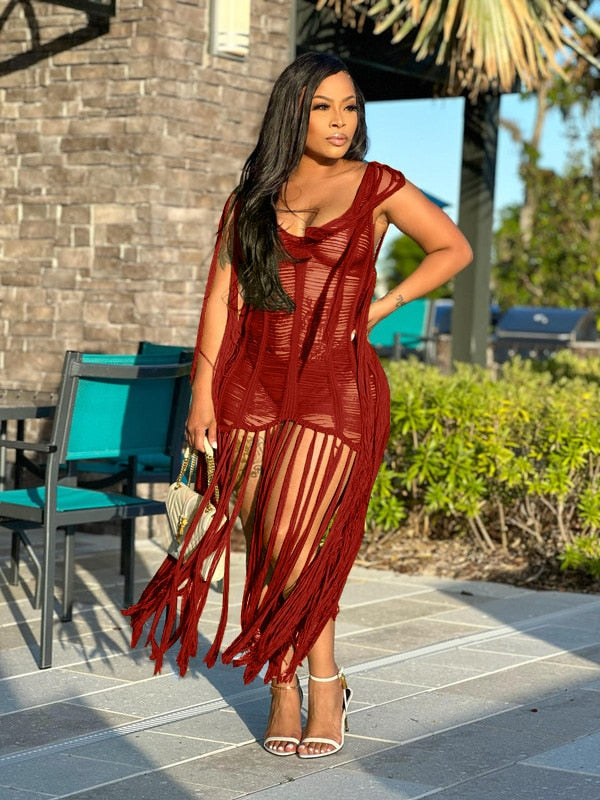 Sexy Crochet Knit Rib Tassel Mini Dress for Women Summer 2024 Fashion Sleeveless See Through Club Party Dresses Beach Wear Robe