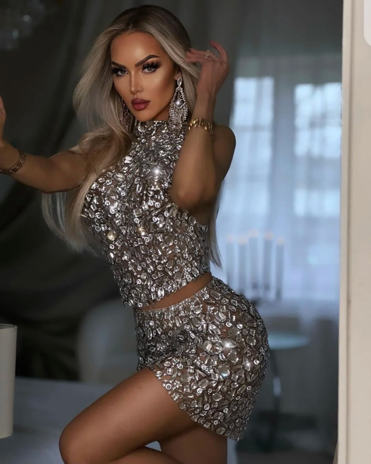 Big Crystal Women Sexy 2 Pieces Mesh See Through Mini Bodycon Dress Performance Costume Celebrate Birthday Party Dress Vestido