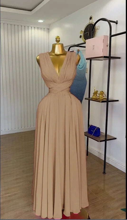 CM.YAYA Women Sleeveless Cutout Back Wrap V-neck Pleated A-line Chiffon Maxi Long Dress Birthday Vacation Sexy Party Dresses