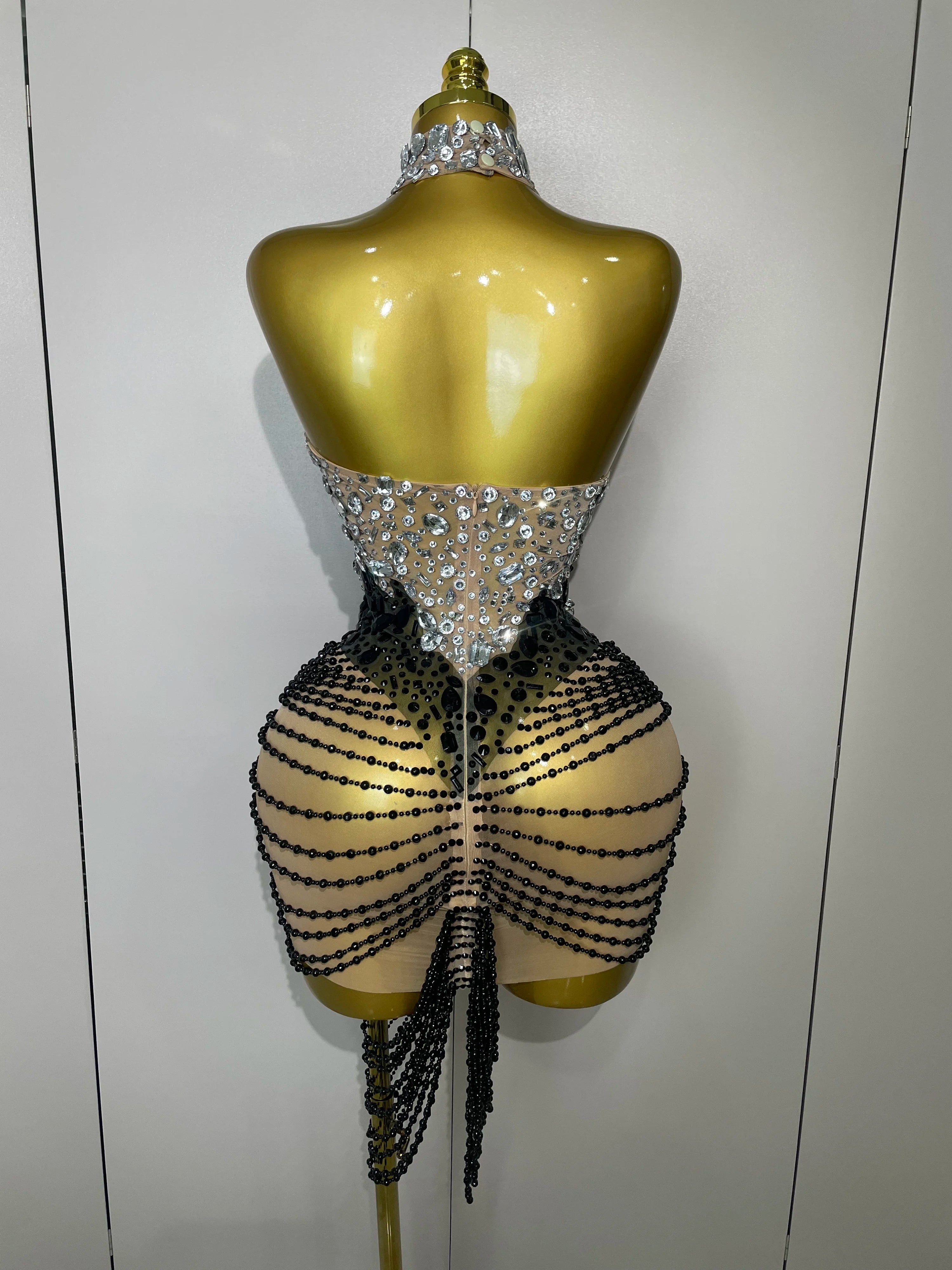 STOCK Sparkly Crystals Beading Short Dress 2025 Women Sexy Mesh Backless Evening Prom Celebrate Birthday Dress Photo Shoot Wear