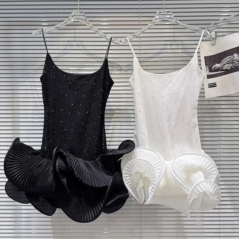 Winter New Fashion Elegant Sweet Rhinestone Ruffle Puff Hem Camisole Dress For Women Evening Party Dresses 11A07663