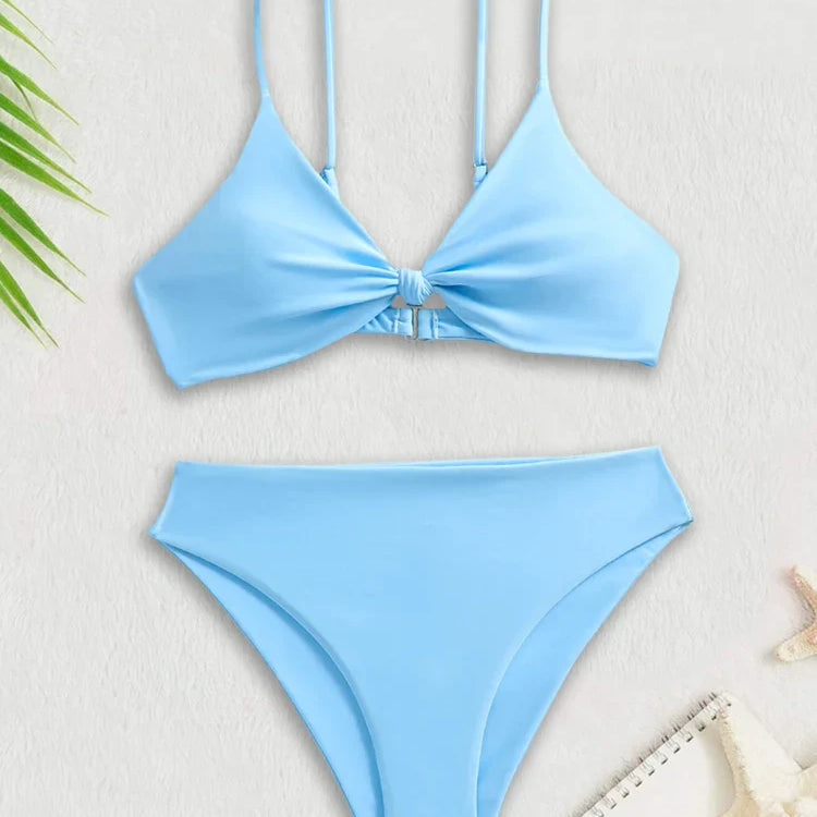 Bikini Women Swimsuit New Solid Black High Waist Bikinis Set Lace Up Bathing Suit Swimwear Summer Brazilian Beach Two Piece Blue