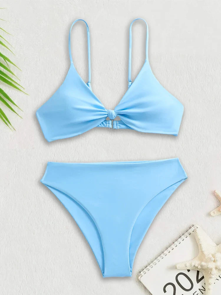 Bikini Women Swimsuit New Solid Black High Waist Bikinis Set Lace Up Bathing Suit Swimwear Summer Brazilian Beach Two Piece Blue