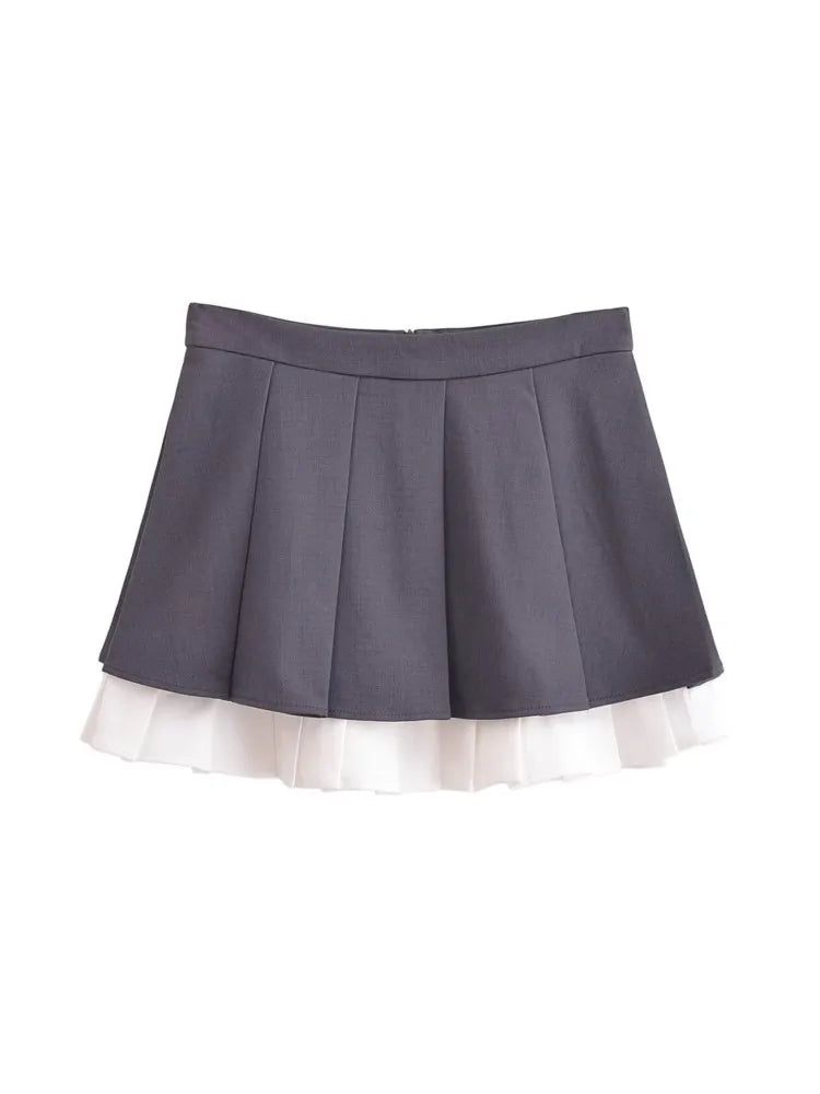 BlingBlingee Summer Women Sleeveless Shirt Mini Skirt Suits Traf Pleated Patchwork Slim Female Crop Top Tanks Sets Y2K Grey One Piece Skirts