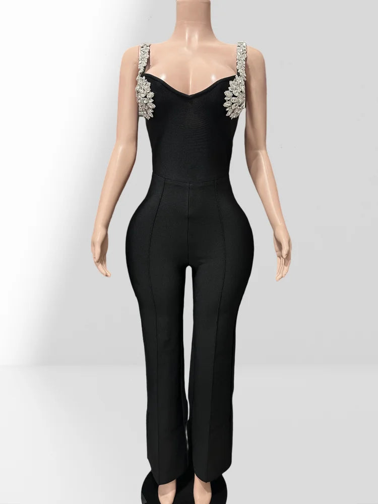 Shining Diamonds Sexy V-Neck Sleeveless Jumpsuit Graceful Woman Evening Party Outfit