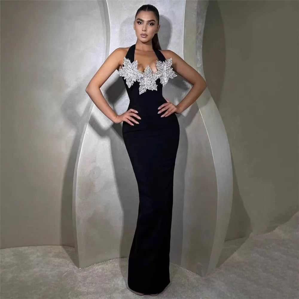 Black Red Women Sexy Halter Off the Shoulder Shinning Diamond Bodycon Long Bandage Dress Evening Party Celebrate Fashion Outfit