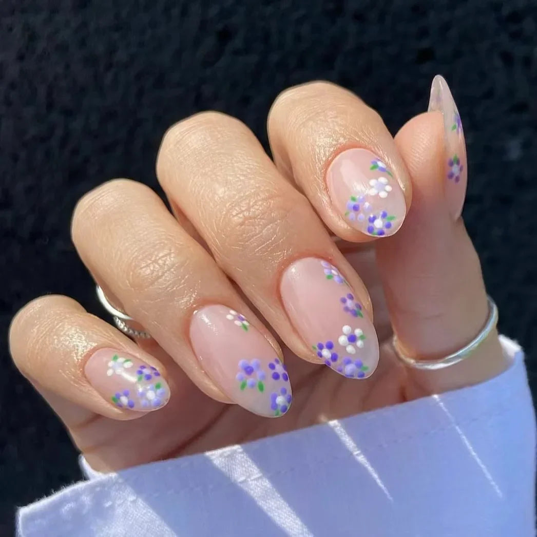 24pcs/box Glossy Short Square Fake Nails Colorful French Tip Press On Nails Flower Pattern Spring Summer False Nails For Women A592