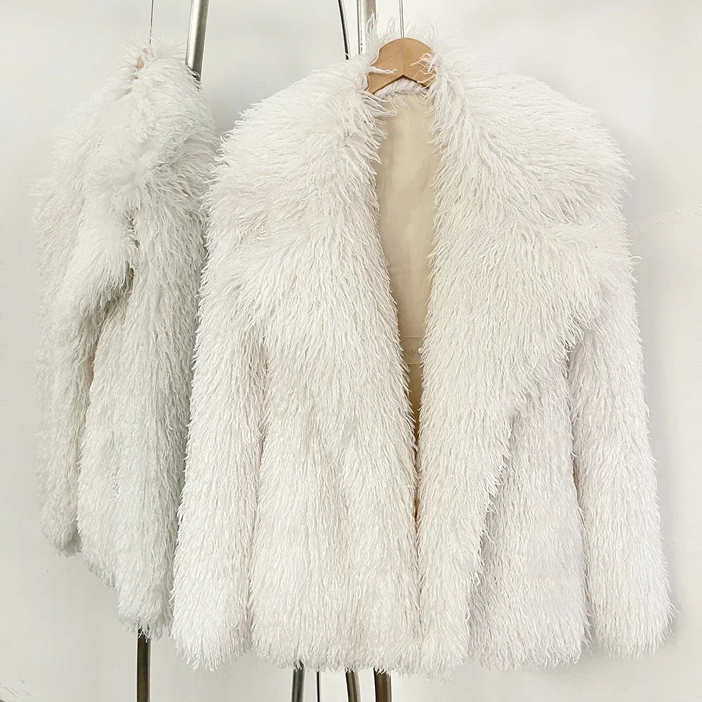 Faux Fur Jacket Women Fur Coat Warm Eco-friendly New in Winter Long Sleeve Female Office Lady Chic Faux Fluffy Fur Outerwear White