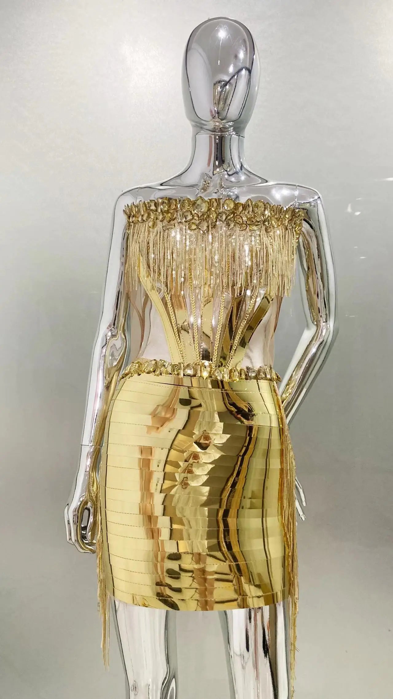 Gold Color Women Sexy Strapless Shinning Crystal 2 Pieces Bodycon Mini Dress Nightclub Party Performance Costume Birthday Dress Gold