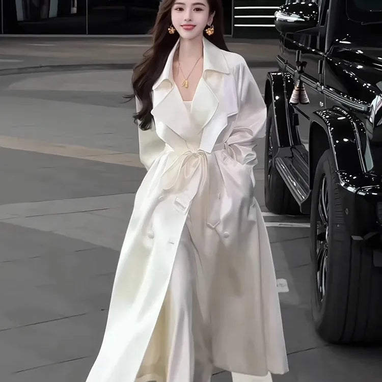 Lautaro Spring Autumn Long Flowy Shiny White Trench Coat for Women Double Breasted Elegant Stylish Luxury Design Clothes 2025 white