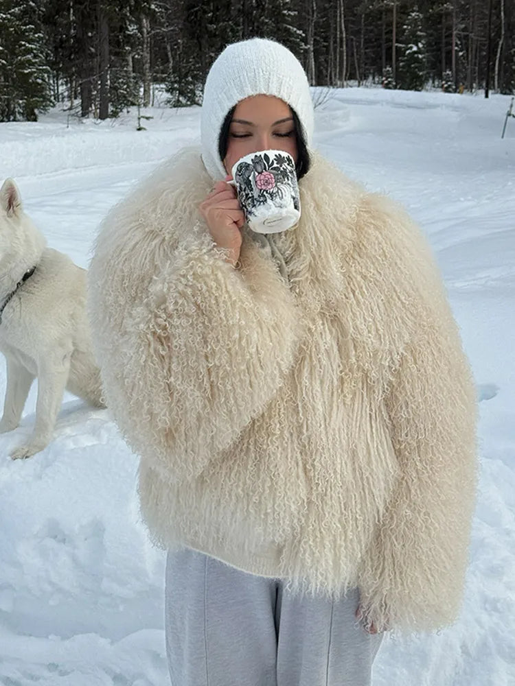 Green Luxury Fluffy Faux Fur Jacket Women Fashion Lapel Long Sleeve Loose Warm Coat 2025 Winter Lady High Street Outerwear WHITE