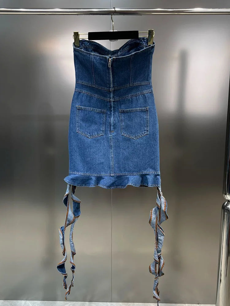 DEAT Line Up Waist Pocket Spiral Decoration Trendy Denim Dresses For Women Strapless Back Zipper Dress Spring 11XX3821