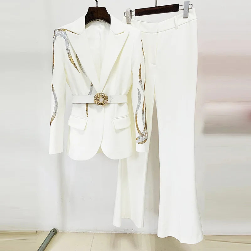 Solid Slimming Two Piece Sets for Women Lapel Long Sleeves Patchwork Hot Fix Top High Waist Flared Pant Set Female WHITE