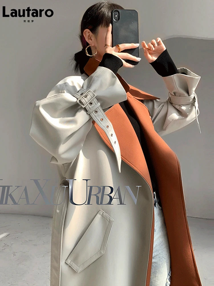 Lautaro Spring Autumn Long Cool Patchwork Trench Coat for Women Stylish Luxury Designer Emo Clothes European Style Overcoat 2025