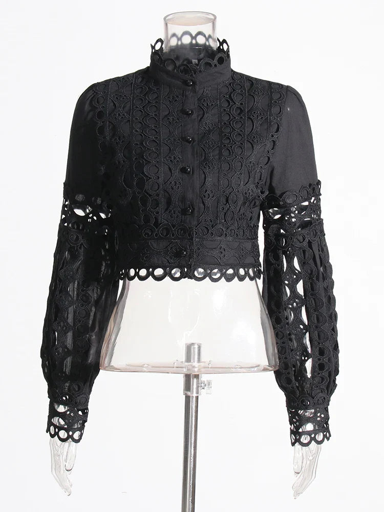 Elegant Two Piece Sets For Women Stand Collar Lantern Sleeve Tops High Waist Skirt Hollow Out Set Female Clothing