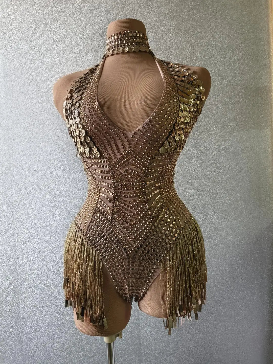 Sparkly Golden Shell Tassel Sexy Bodysuit for Women Bar Nightclub Stage Show Outfit Sexy girls Deep V Neck Bodysuit Jinbaobei