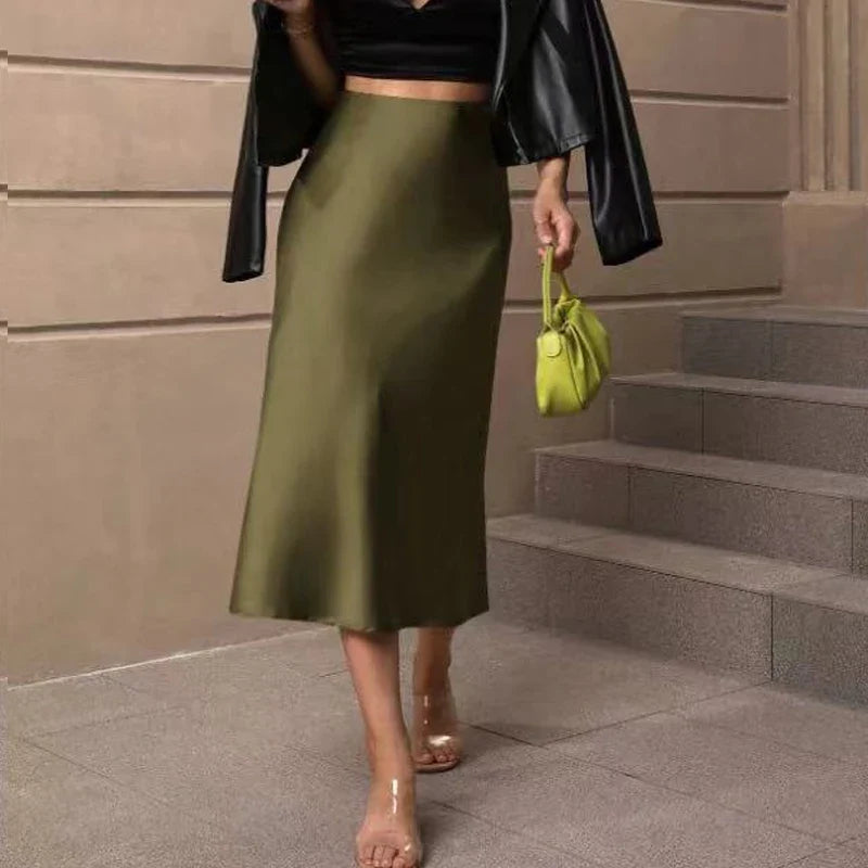 Women High Waisted Skirt Silk Satin Skirts A-Line Elegant Fashion Skirts Pink Midi Skirt New Korean Style Pencil Skort Skirt army green