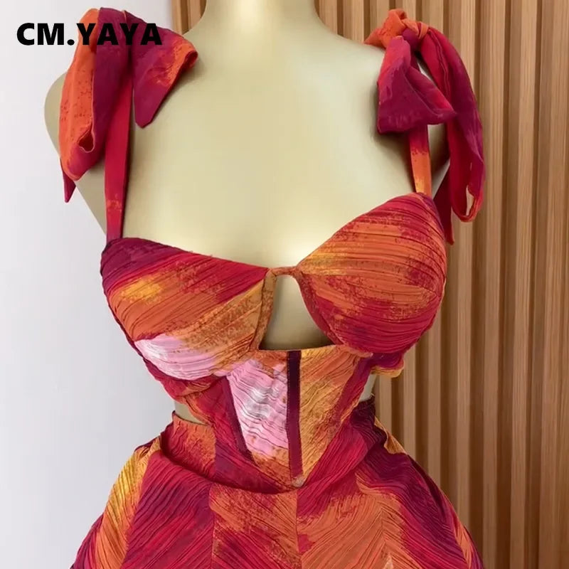 Fashion Printed Women Long Dresses Beach Holiday Street Bowknot Crop High Waist Big Swing Fake 2 Piece Party Dress 2025