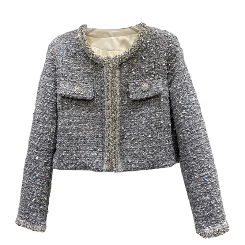 Winter New Fashion Rhinestone Beaded Sequin Tweed Cotton Jacket For Women Elegant Covered Button Short Coat 11A07561