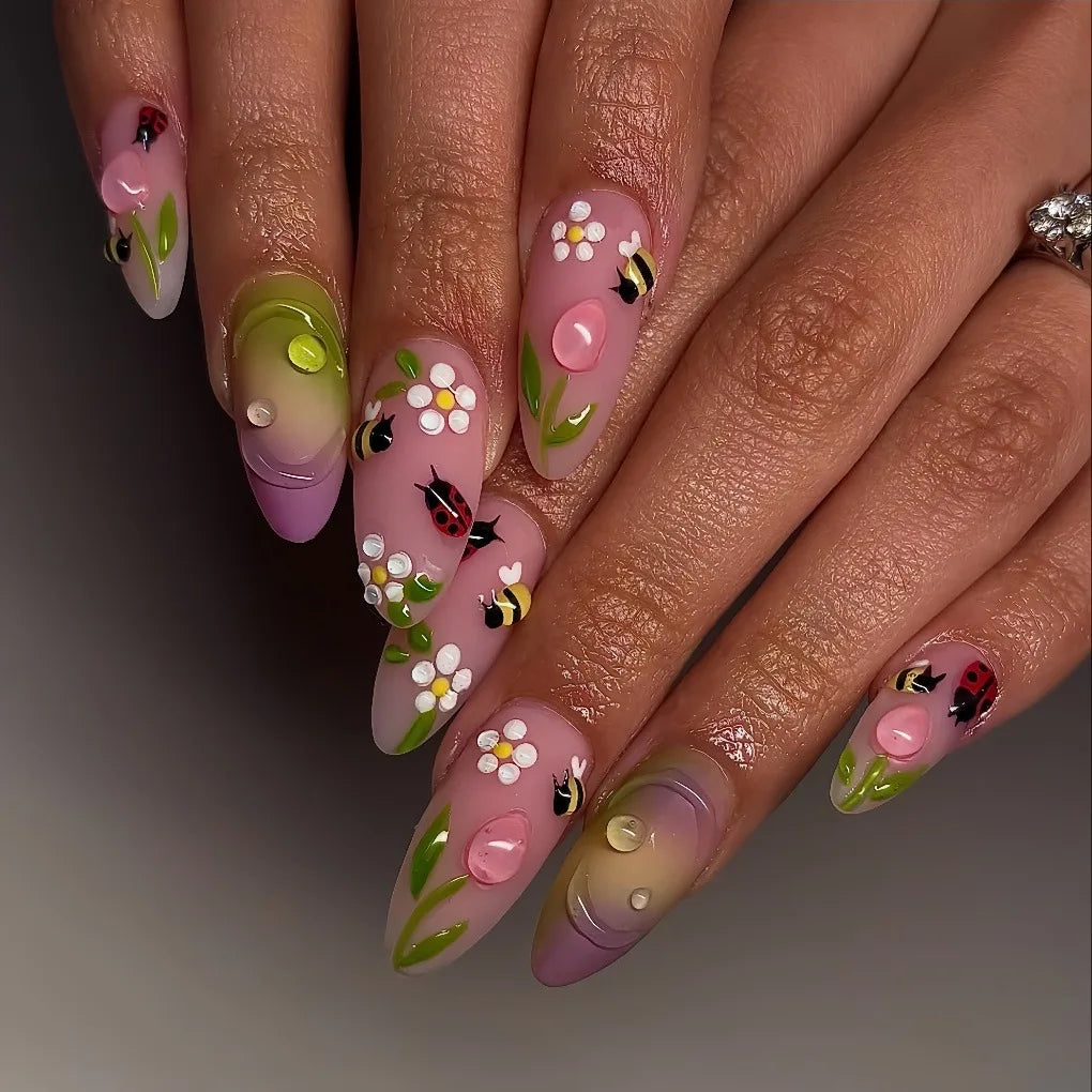 24pcs/set Medium fake nails for women girls 3D embossed flowers butterfly shell designs Summer almond tips press on false nail 2640