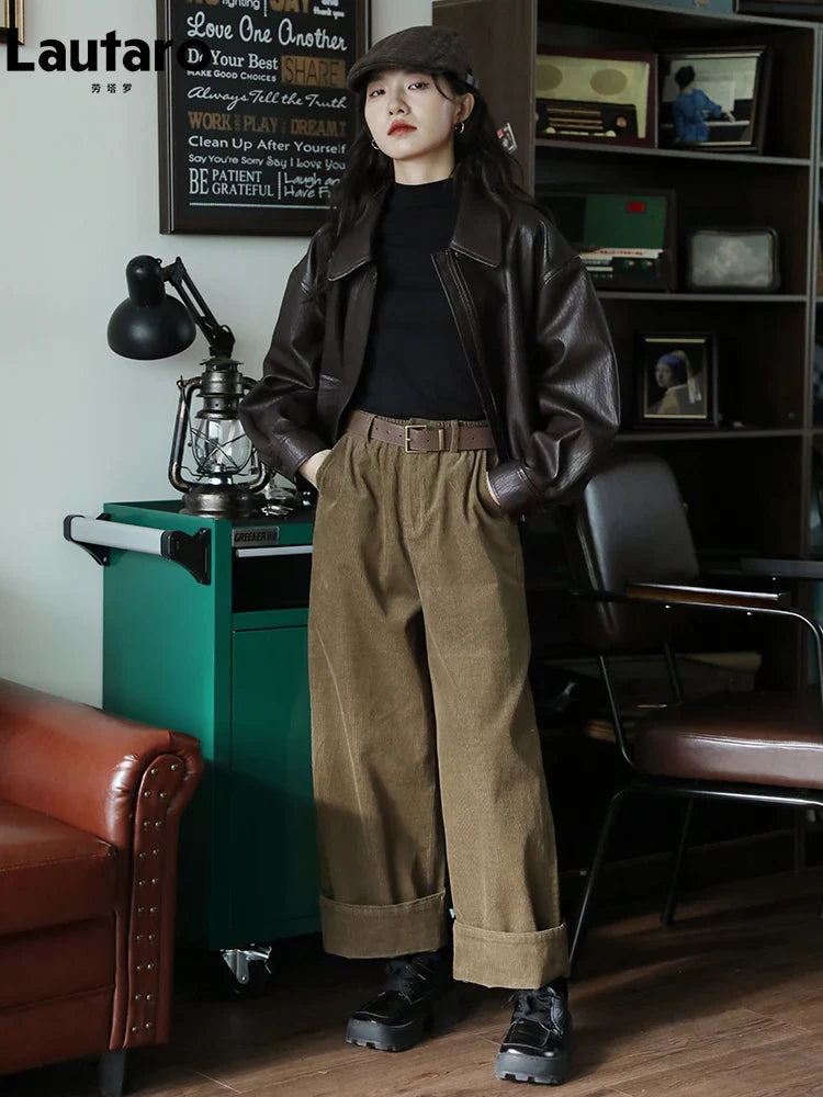 Spring Autumn Cool Handsome Short Brown Hard Pu Leather Jacket Women Zipper Long Sleeve Luxury Designer Clothes 2024