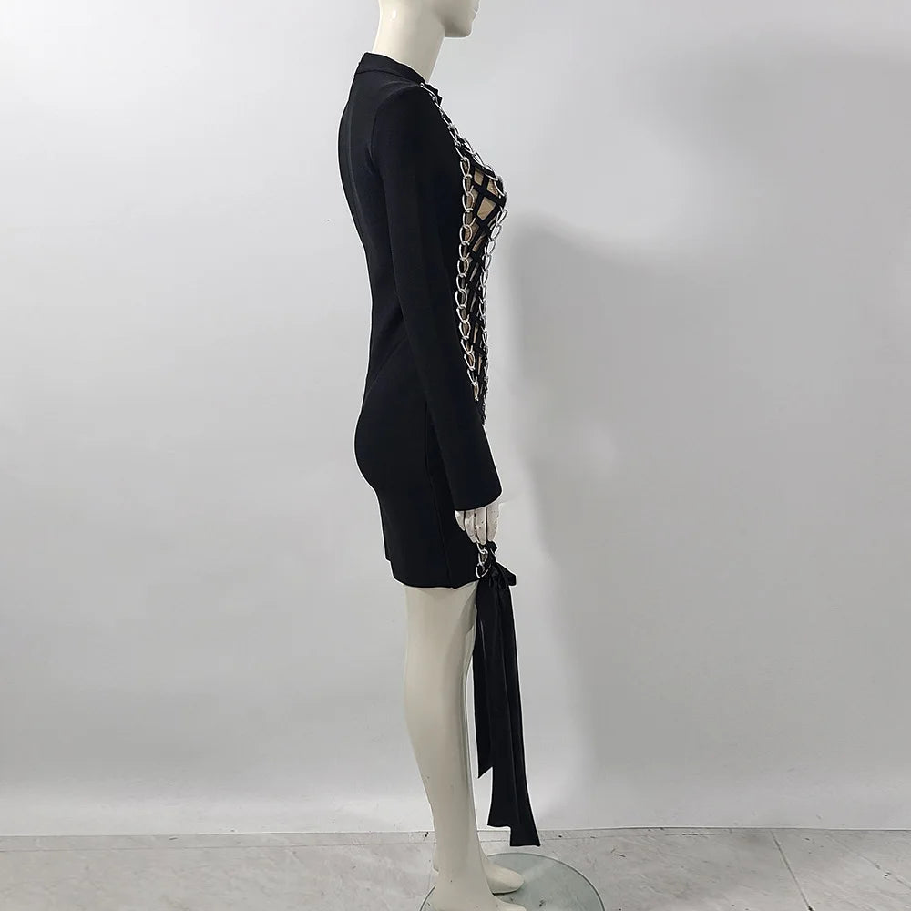 Women Long Sleeve Sexy Laced-up Bodycon Mini Bandage Dress Fashion Celebrate Nightclub Party Cocktail Outfit