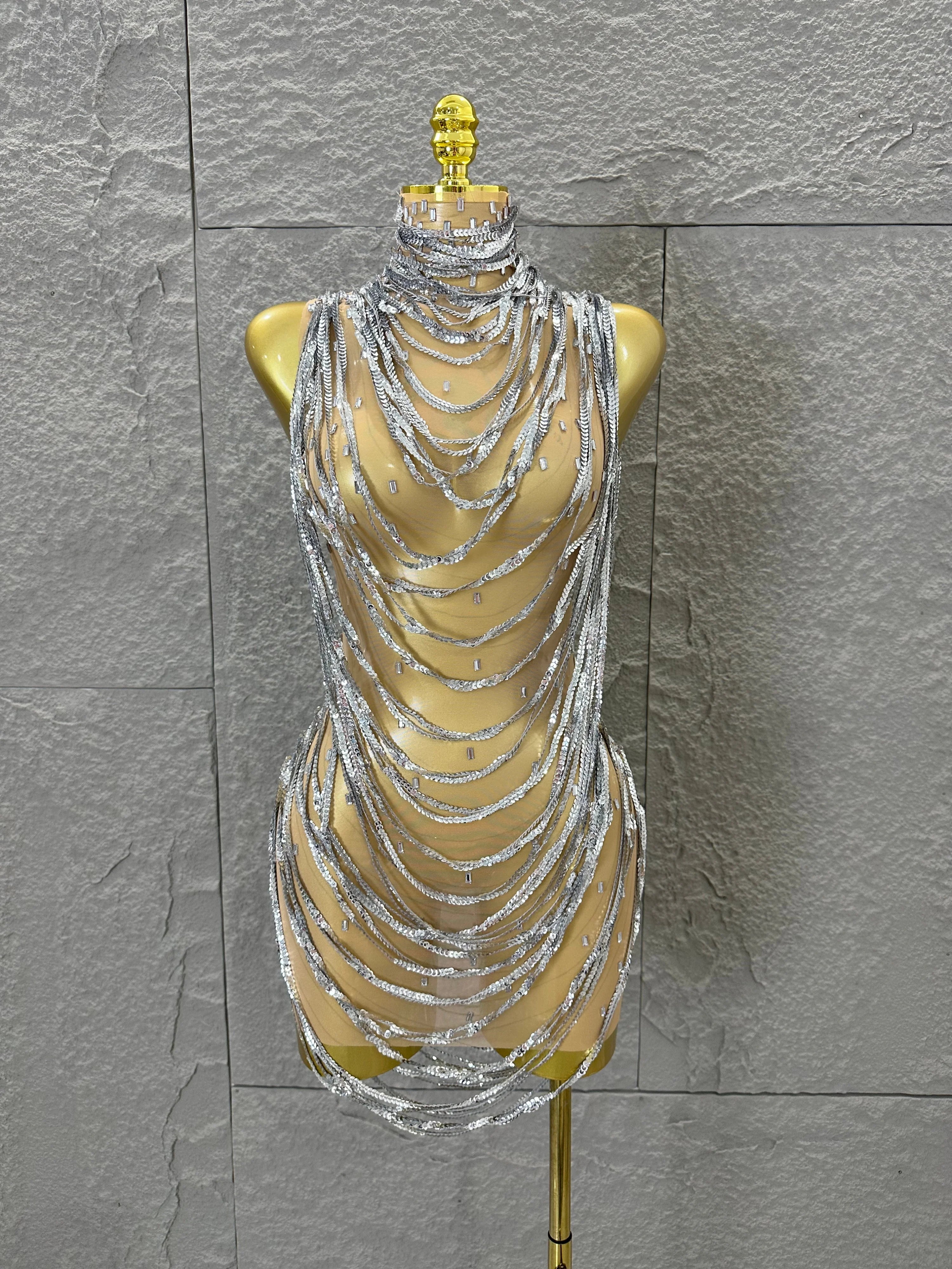 Glamorous Silver Sequined Layered Chain Mesh Dress Women Sexy High Neck Sleeveless Bodycon Stage Performance Costume Silver